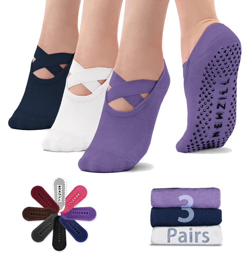NEWZILL Yoga Socks for Women Non-Slip Grips & Straps, Ideal for Pilates, Pure Barre, Ballet, Dance, Barefoot Workout (3 Pairs-Purple/Blue/White) - Image 1